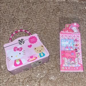 Hello Kitty Pink Tin Box with Beaded Handle and My Melody Stickers New
